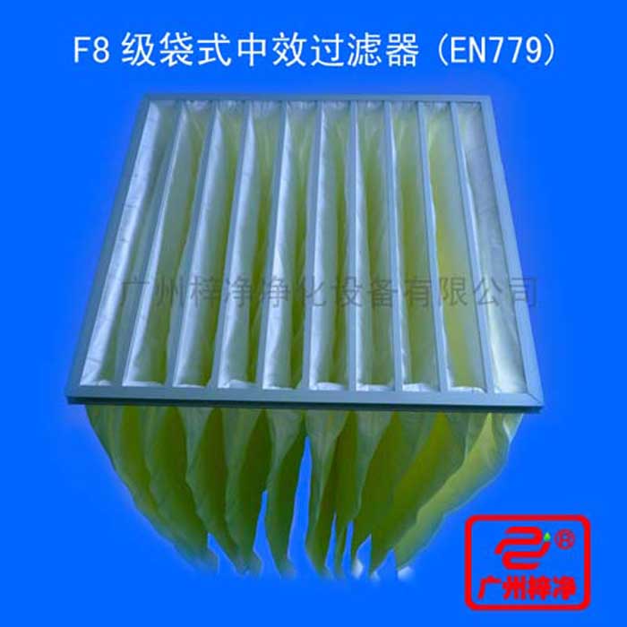 F8级袋式中效过滤器采用超细合成纤维以特殊工艺制成，避免旧式玻璃纤维材料可能对人体造成的危害，滤料内含有防静电纤维，对空气尘埃颗粒过滤特别好